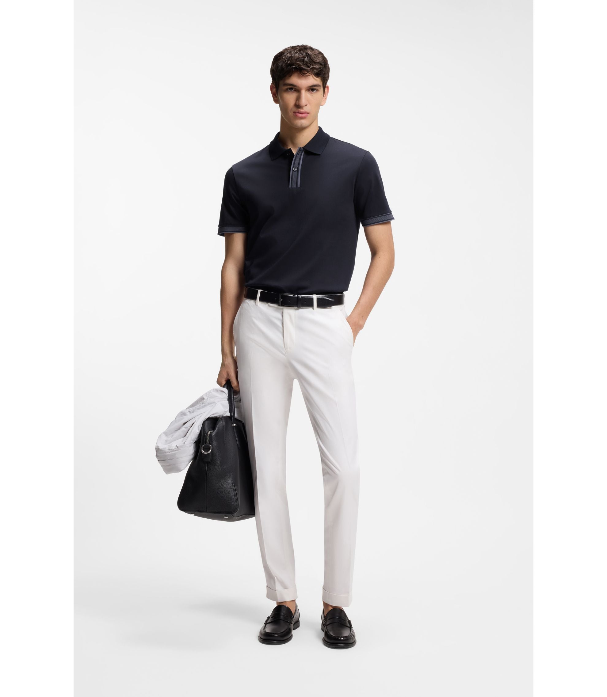 Boss Striped Trim Polo Shirt In Mercerised Cotton Dark Blue