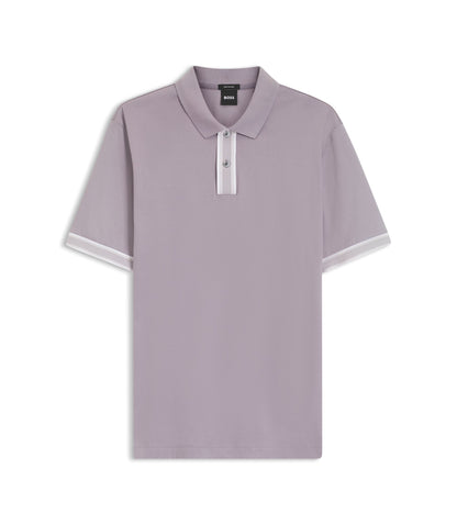 Boss Striped Trim Polo Shirt In Mercerised Cotton Light Purple