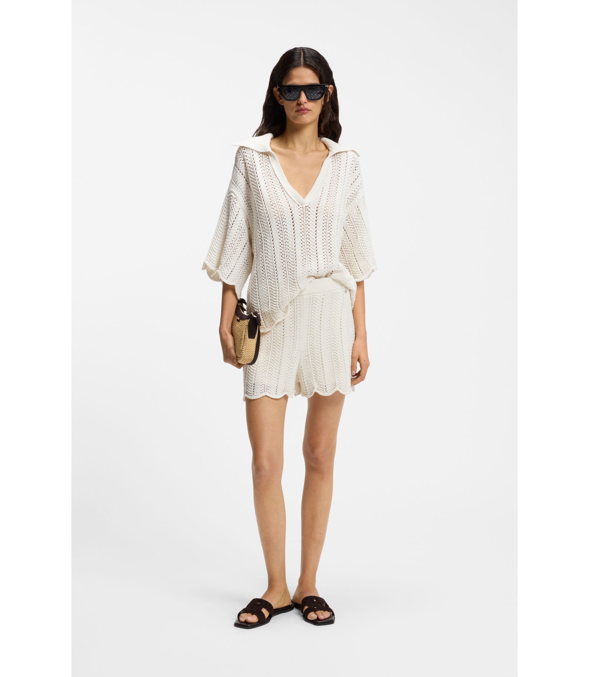 Boss Cotton Blend Sweater With Knitted Wave Structure White Women's