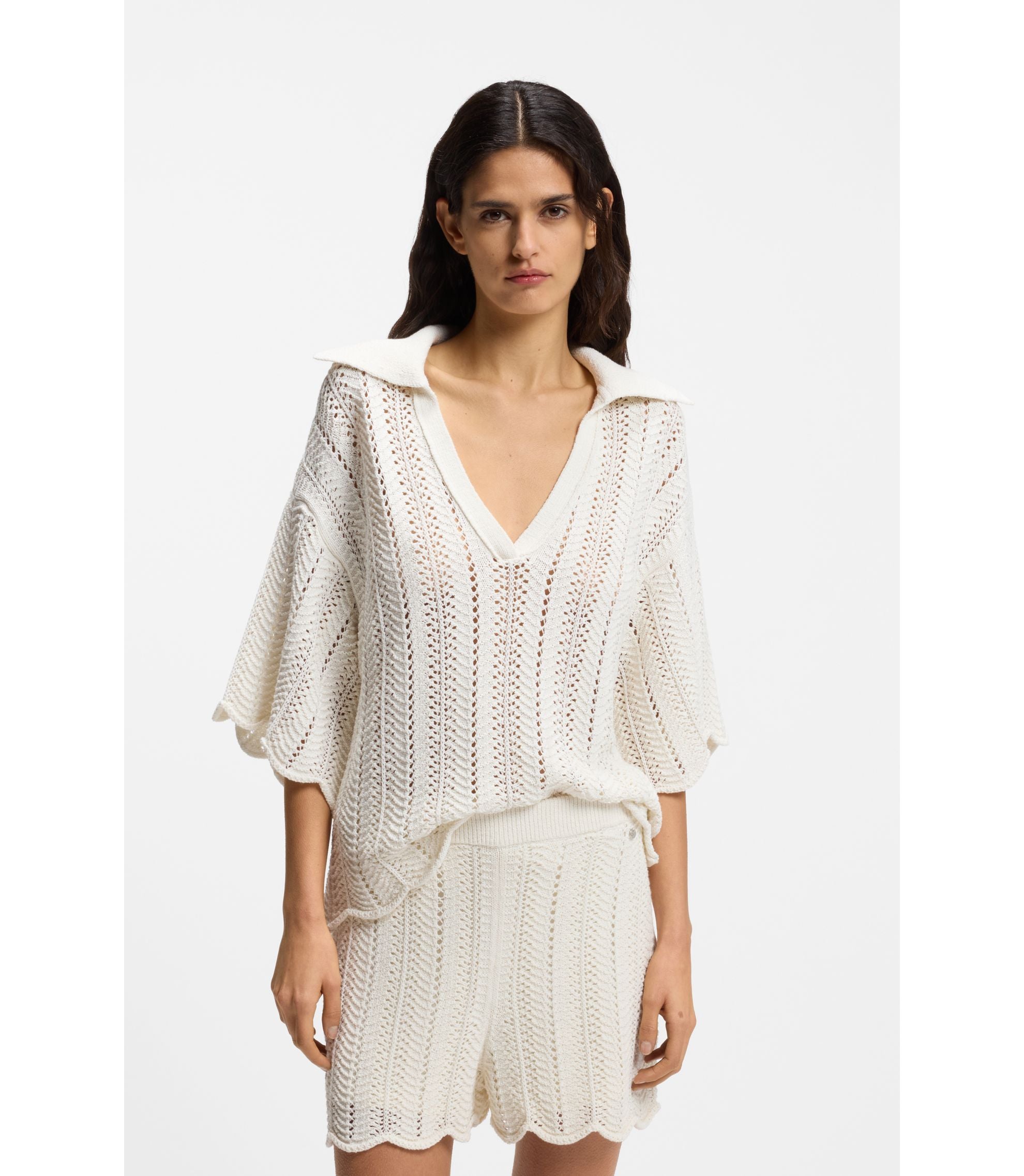 Boss Cotton Blend Sweater With Knitted Wave Structure White Women's