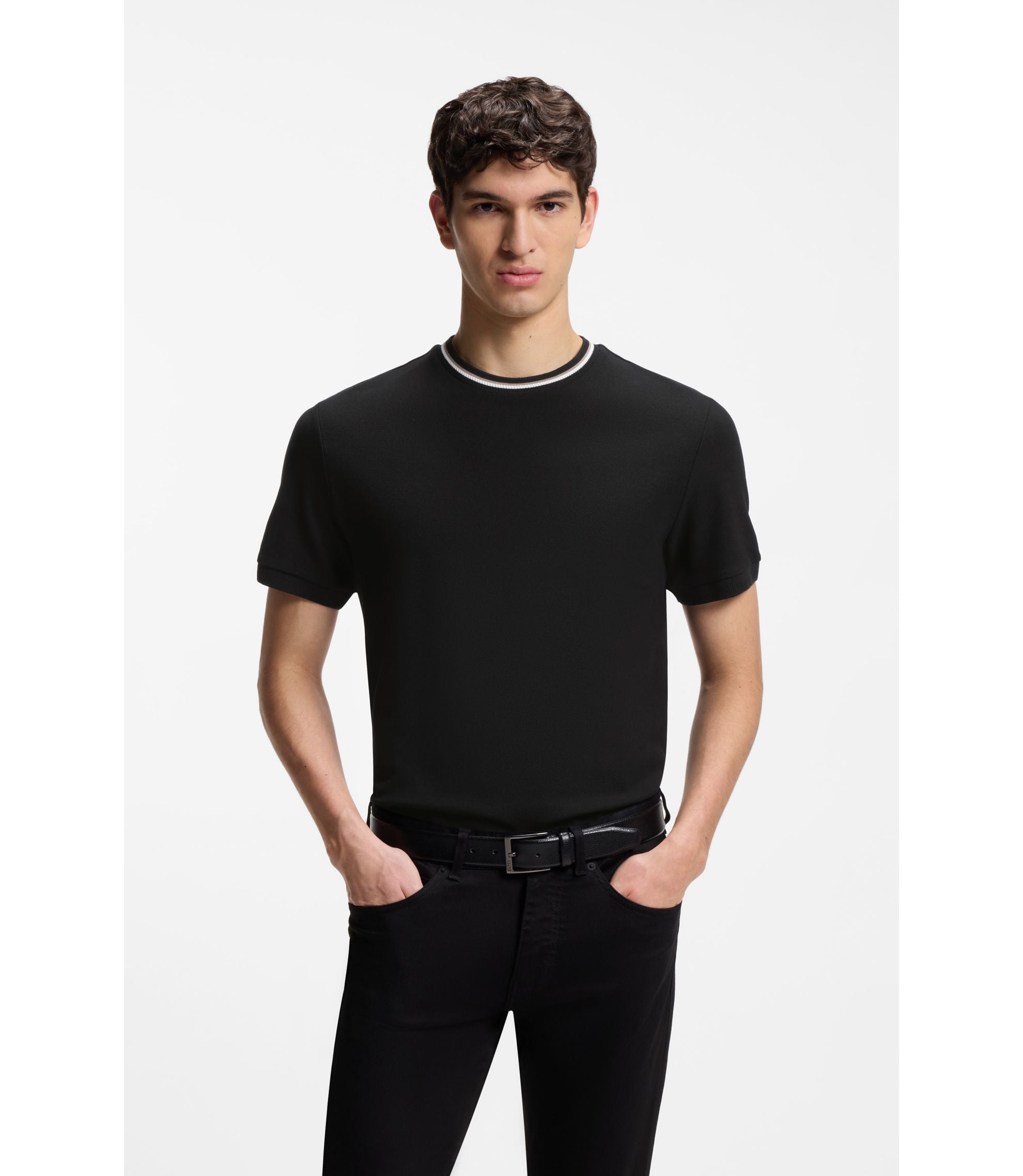 Boss Striped Collar T Shirt In Cotton Piqu Black