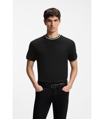 Boss Striped Collar T Shirt In Cotton Piqu Black