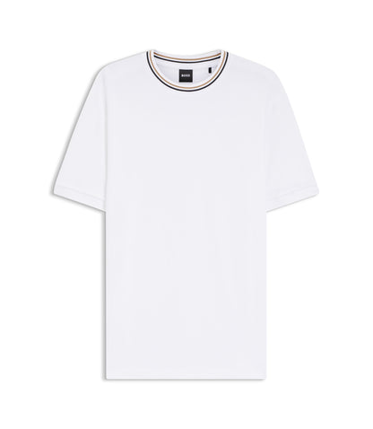 Boss Striped Collar T Shirt In Cotton Piqu White