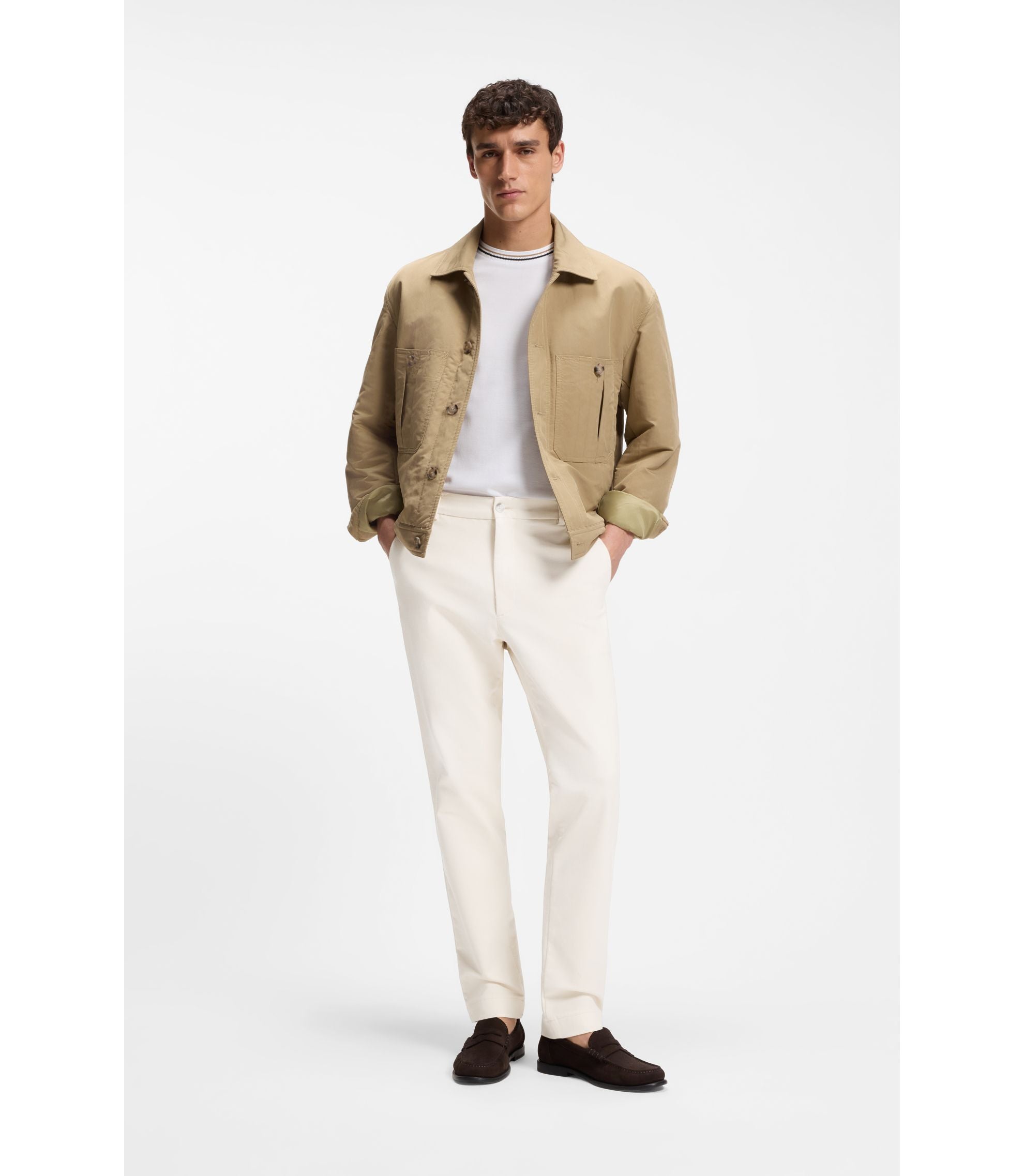 Boss Striped Collar T Shirt In Cotton Piqu White