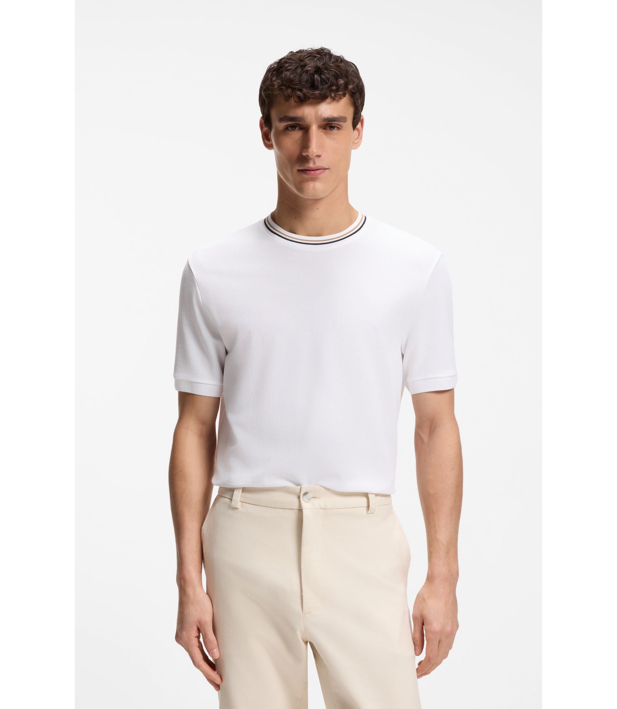 Boss Striped Collar T Shirt In Cotton Piqu White