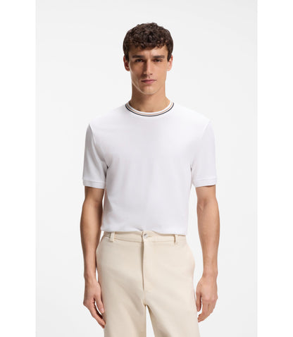 Boss Striped Collar T Shirt In Cotton Piqu White