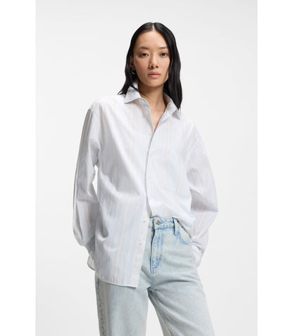 Boss Striped Relaxed Fit Blouse In Cotton Canvas Light Blue Women's