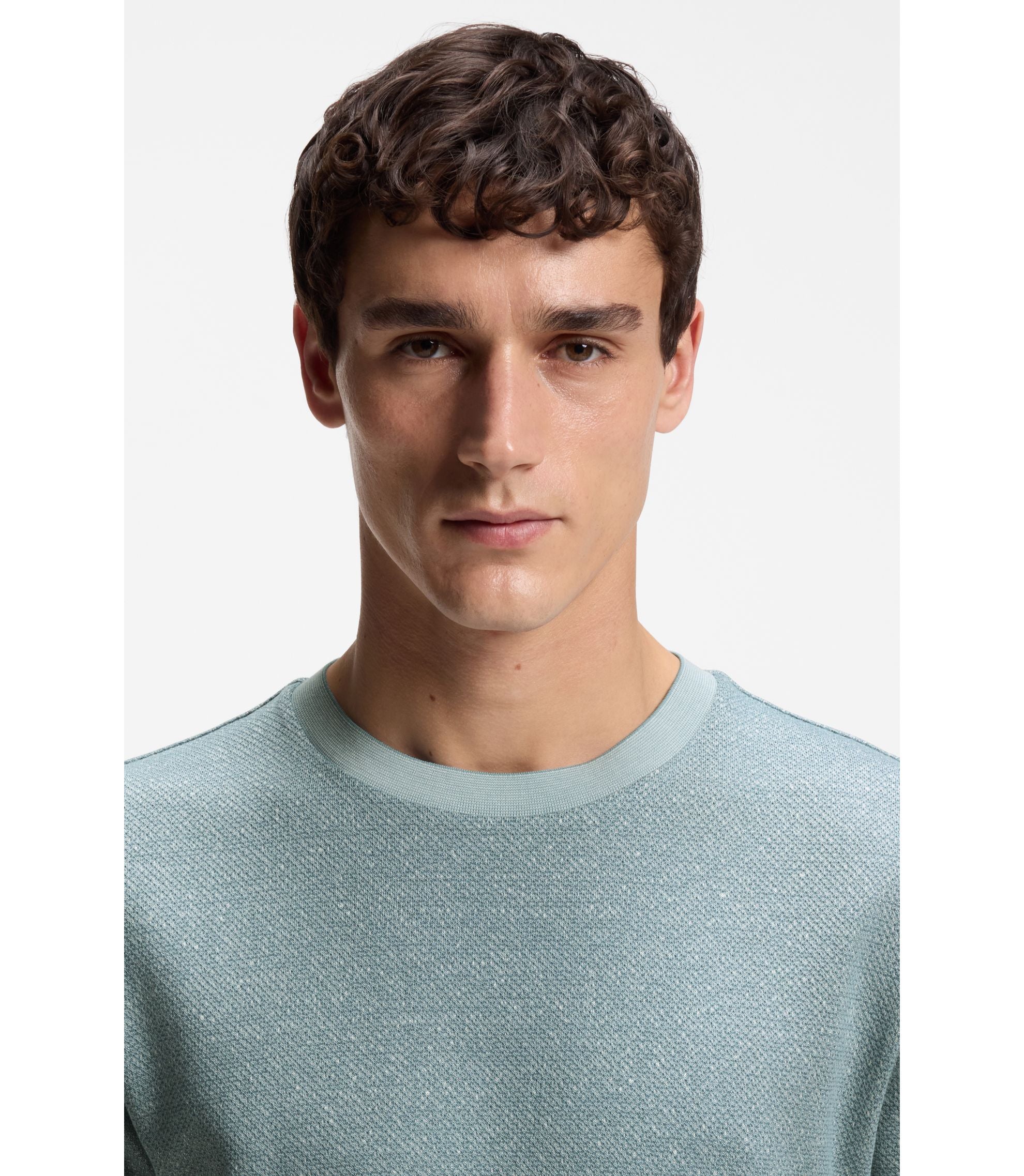 Boss Mouline T Shirt In Cotton Linen And Silk Light Blue