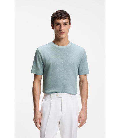Boss Mouline T Shirt In Cotton Linen And Silk Light Blue