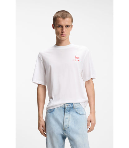 Hugo Cotton Jersey T Shirt With Printed Artwork White