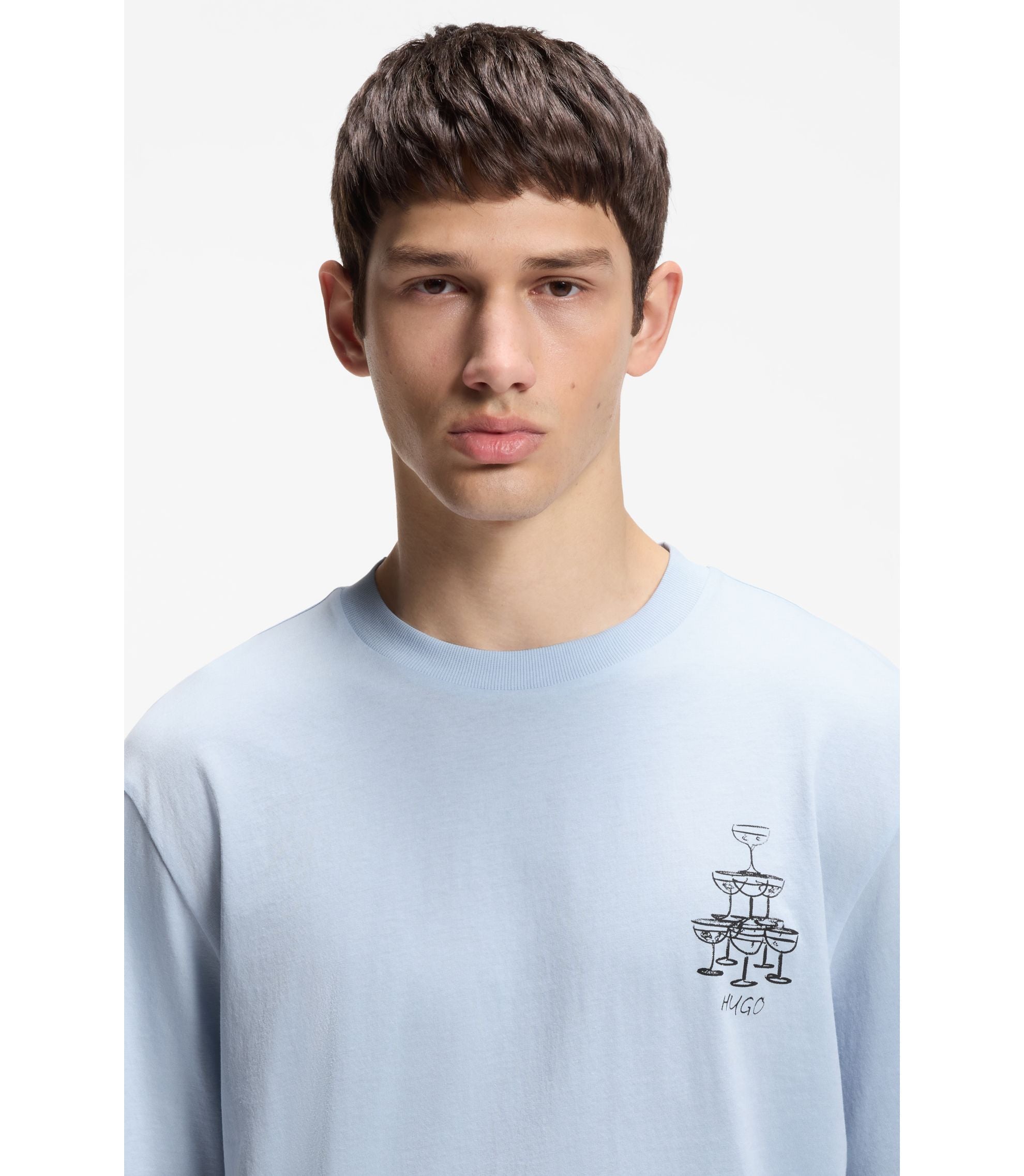 Hugo Cotton Jersey T Shirt With Printed Artwork Light Blue