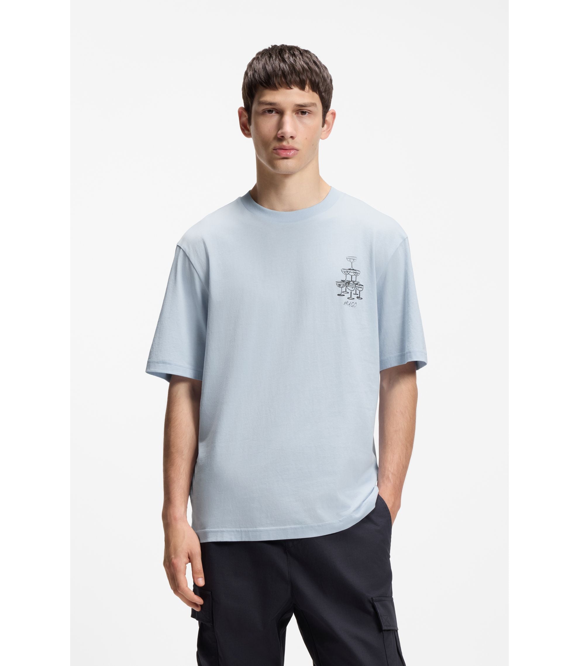 Hugo Cotton Jersey T Shirt With Printed Artwork Light Blue