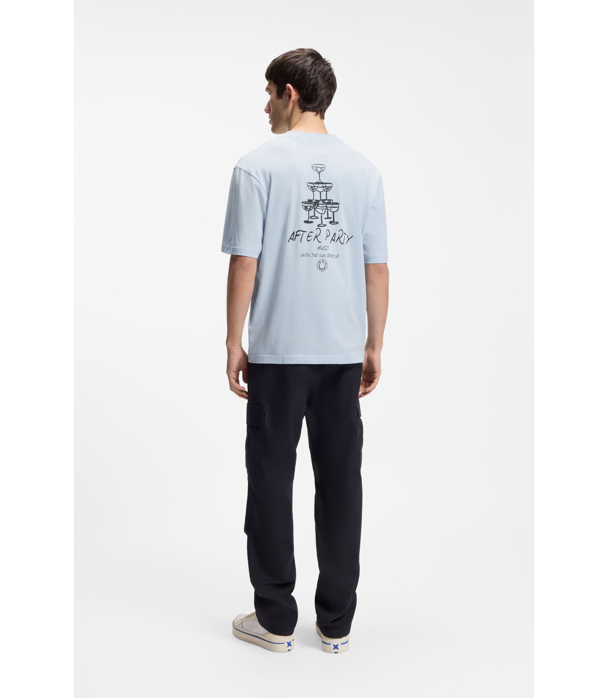 Hugo Cotton Jersey T Shirt With Printed Artwork Light Blue