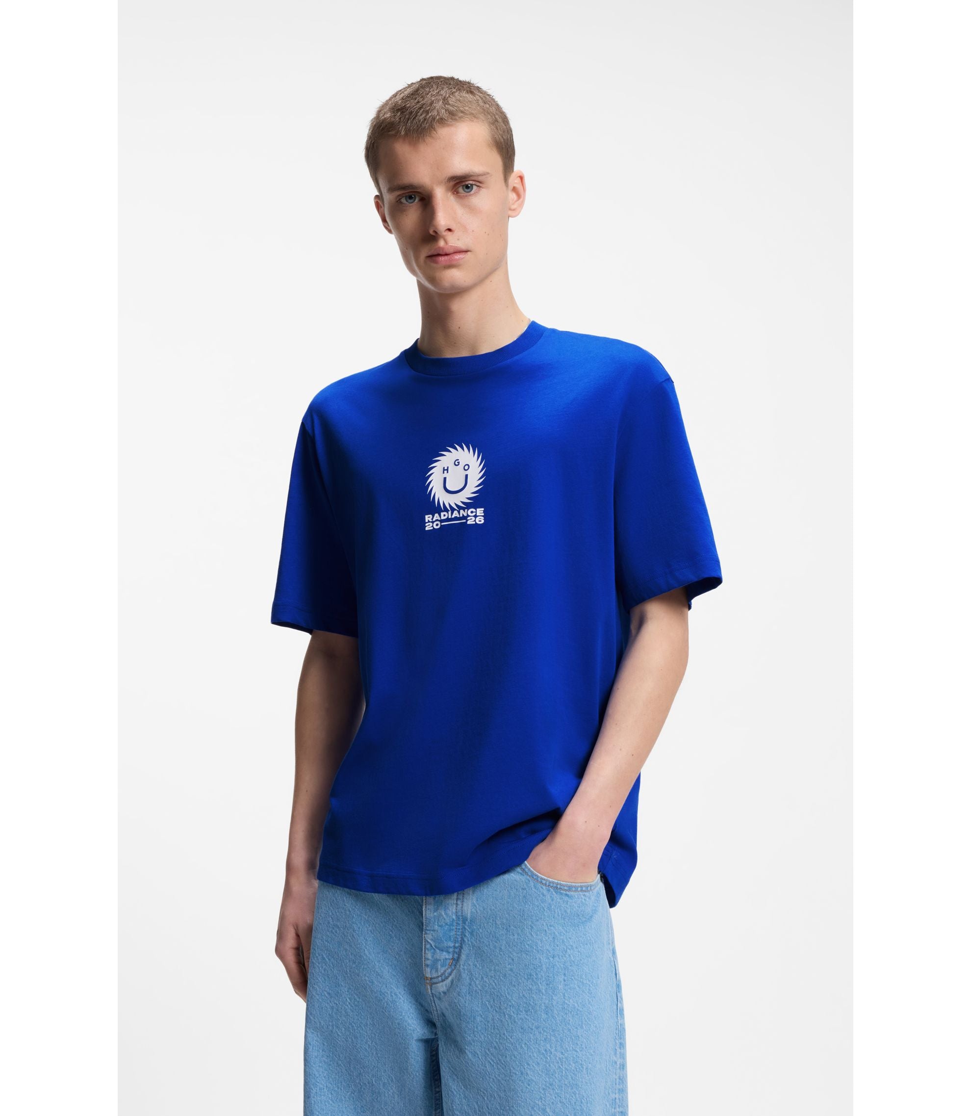 Hugo Cotton Jersey T Shirt With Happy Hugo Artwork Light Blue