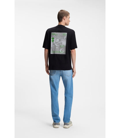 Hugo Cotton Jersey T Shirt With Printed Artwork Black