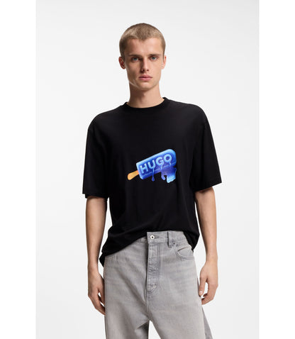 Hugo Cotton Jersey T Shirt With Ice Lolly Artwork Black