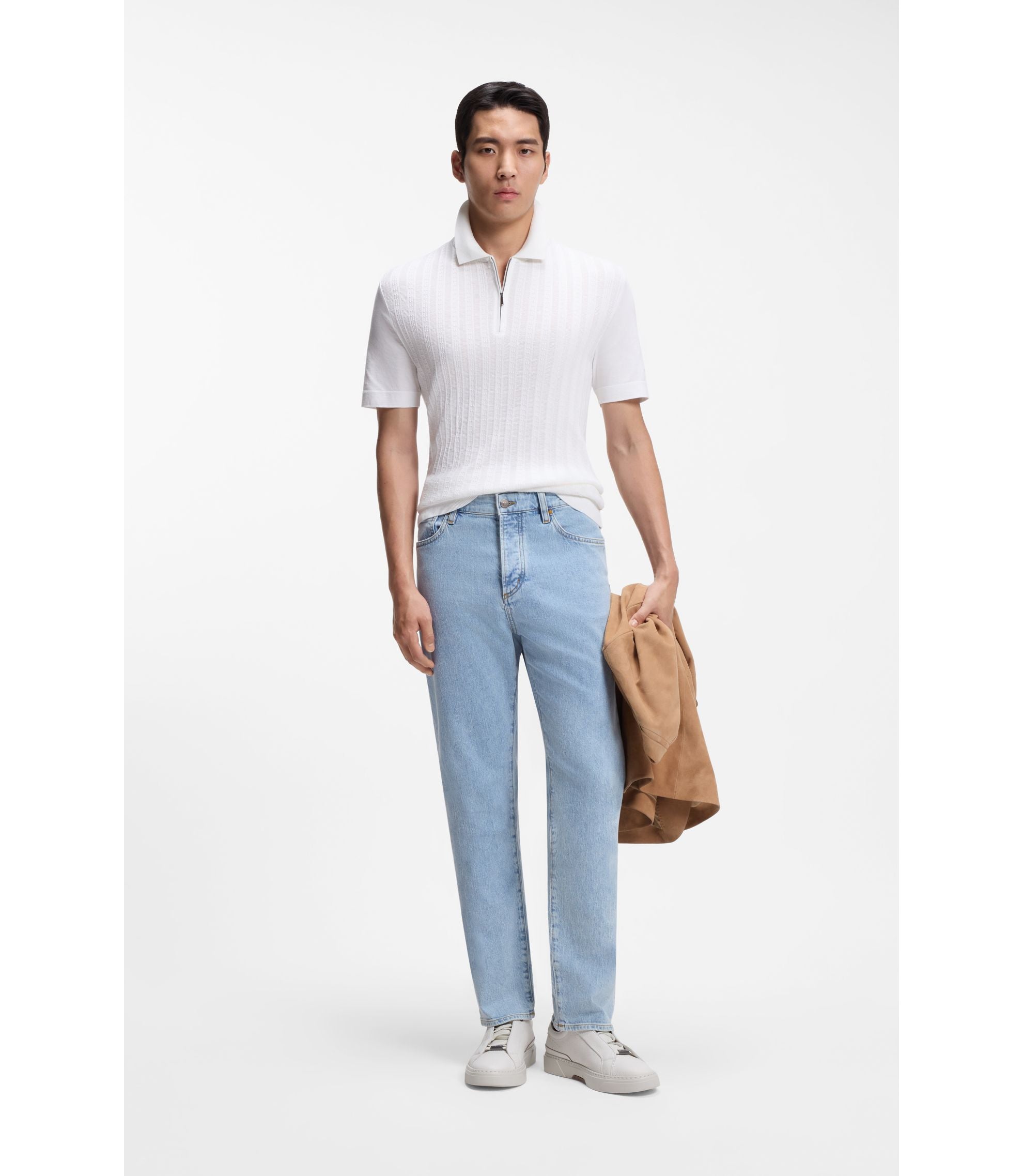 Boss Cotton Silk Polo Shirt With Zip Neck White