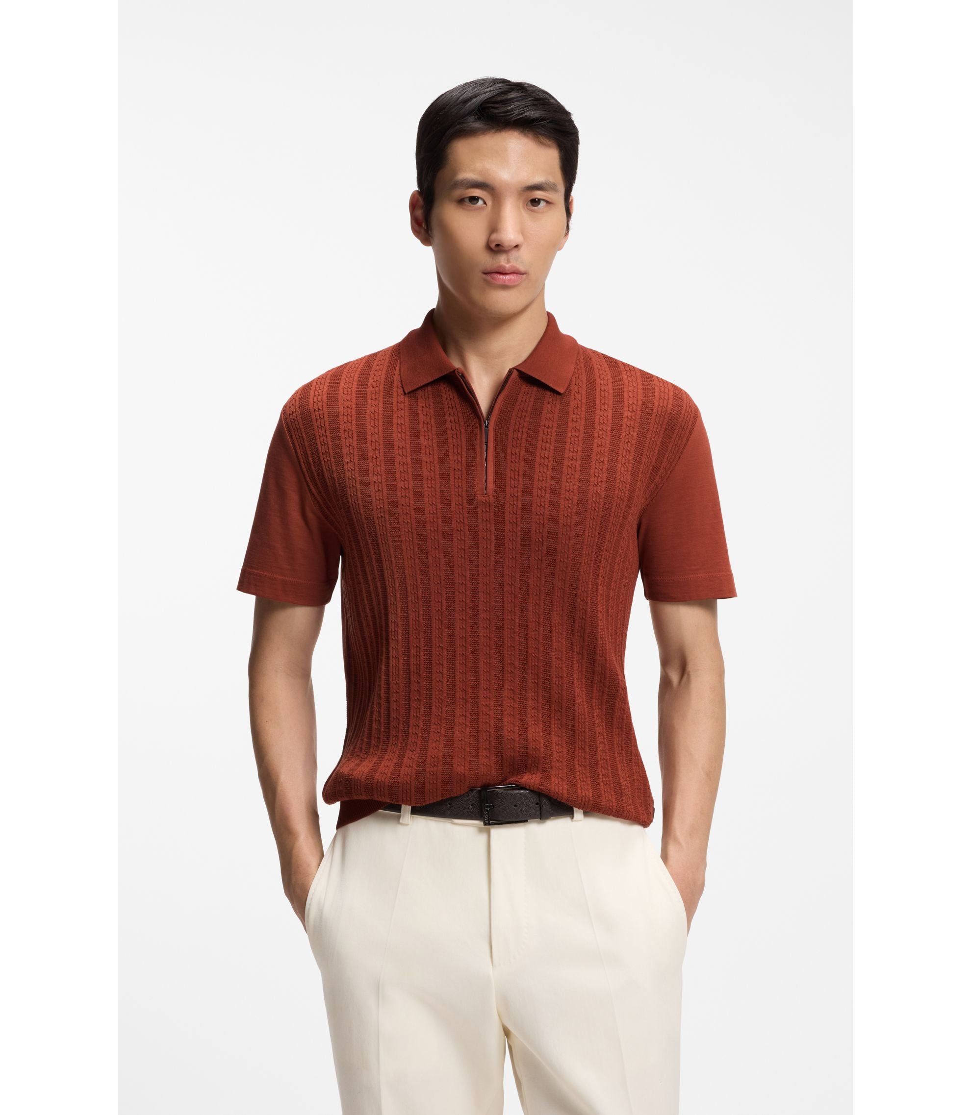 Boss Cotton Silk Polo Shirt With Zip Neck Brown