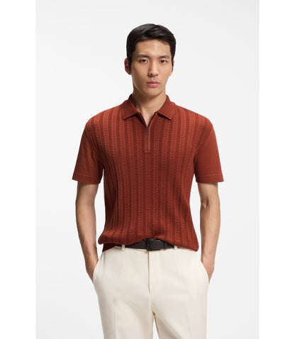 Boss Cotton Silk Polo Shirt With Zip Neck Brown