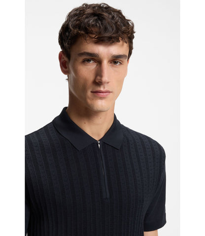 Boss Cotton Silk Polo Shirt With Zip Neck Dark Blue