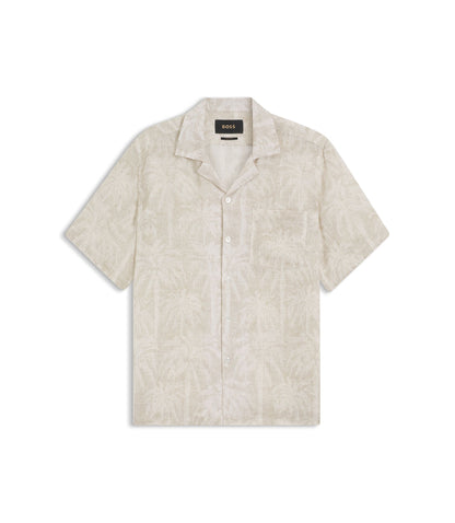 Boss Regular Fit Shirt In Palm Print Italian Linen Beige