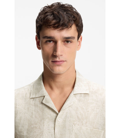 Boss Regular Fit Shirt In Palm Print Italian Linen Beige