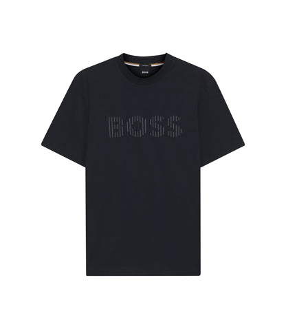Boss Stripe Artwork T Shirt In Cotton Jersey Dark Blue