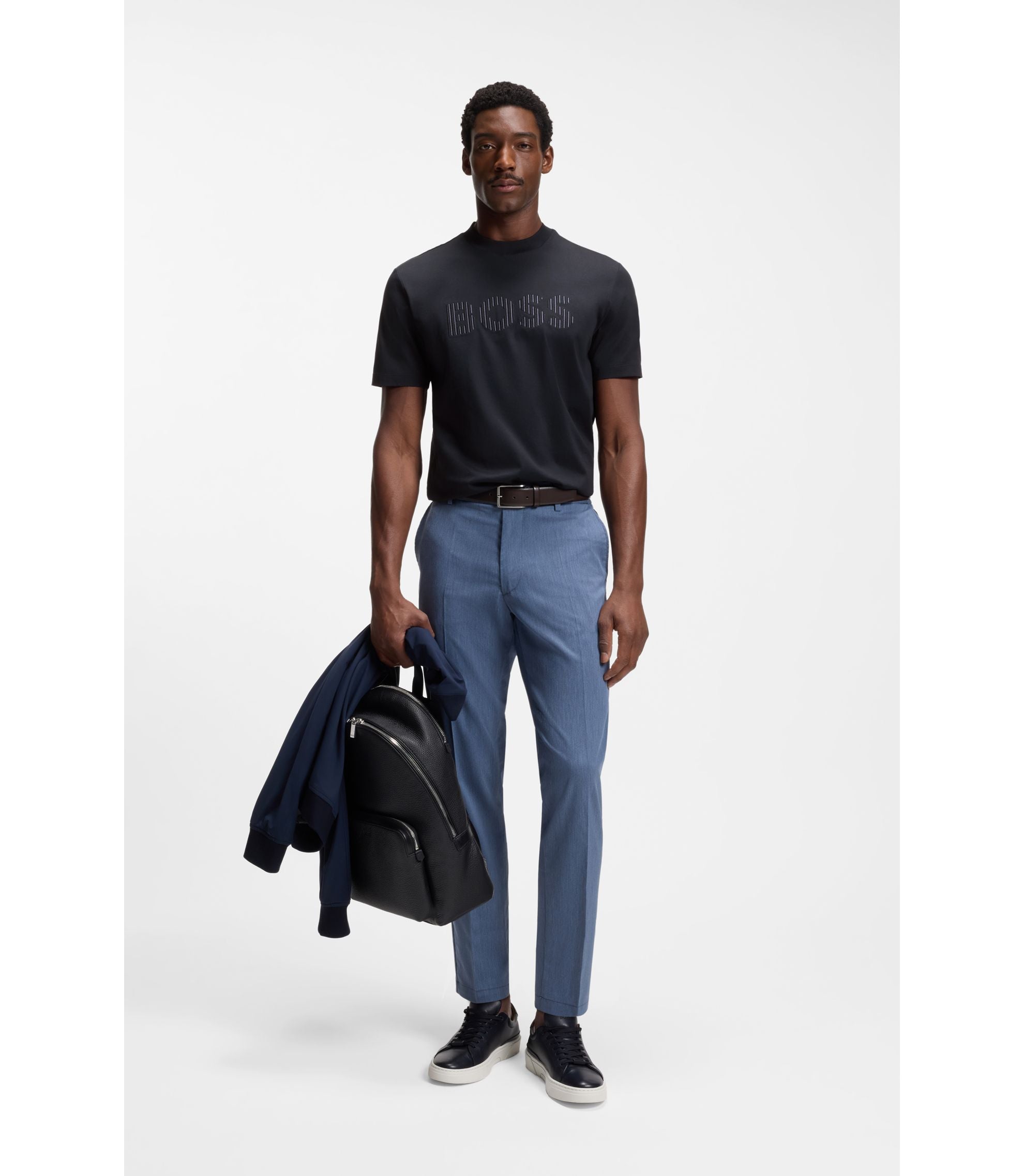 Boss Stripe Artwork T Shirt In Cotton Jersey Dark Blue