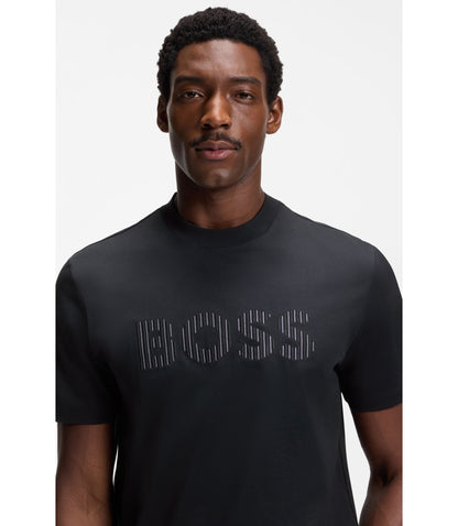 Boss Stripe Artwork T Shirt In Cotton Jersey Dark Blue