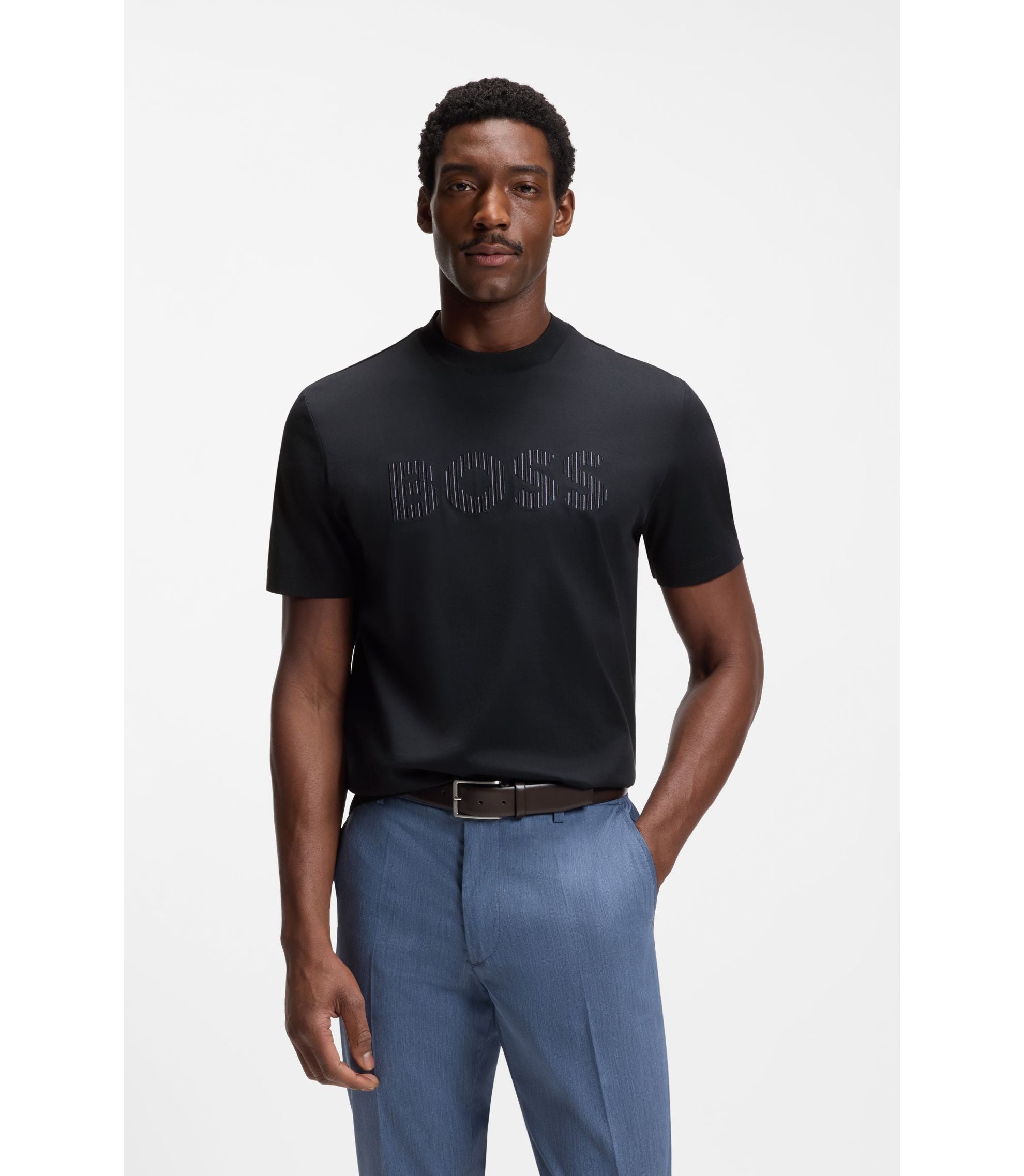 Boss Stripe Artwork T Shirt In Cotton Jersey Dark Blue