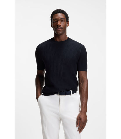 Boss Knitted Structure Sweater In Cotton Dark Blue