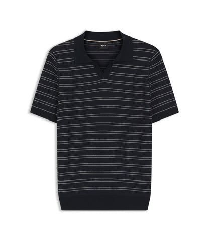 Boss Cotton Blend Knit Polo With Horizontal Stripe Dark Blue