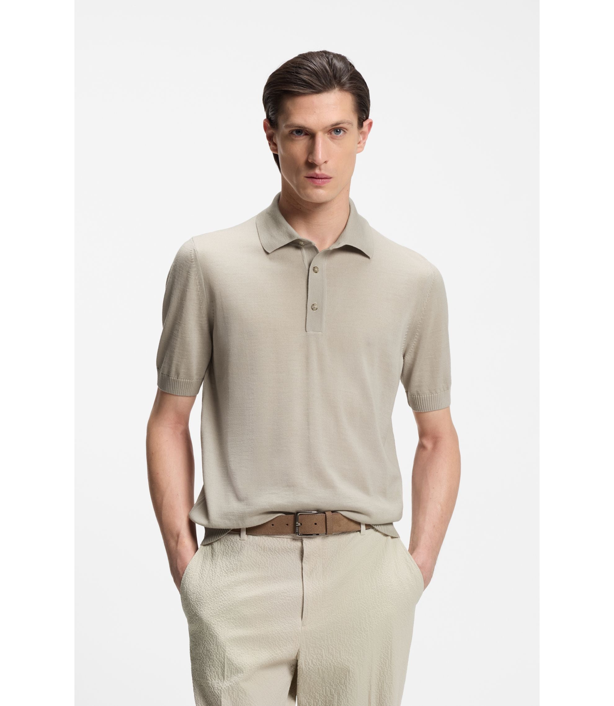 Boss Knit Polo In Virgin Wool Light Beige