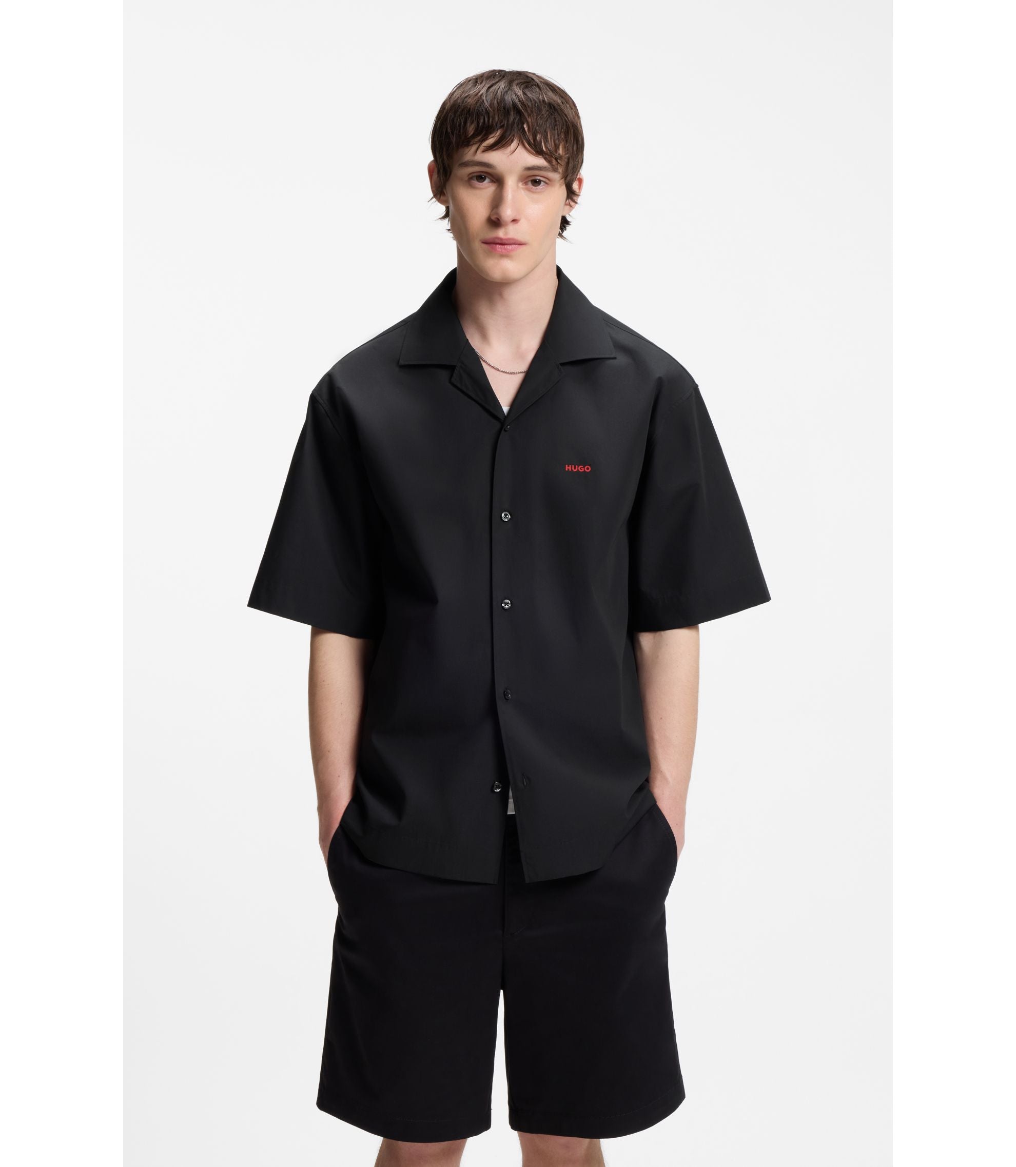 Hugo Oversized Fit Shirt In Paper Touch Cotton Black
