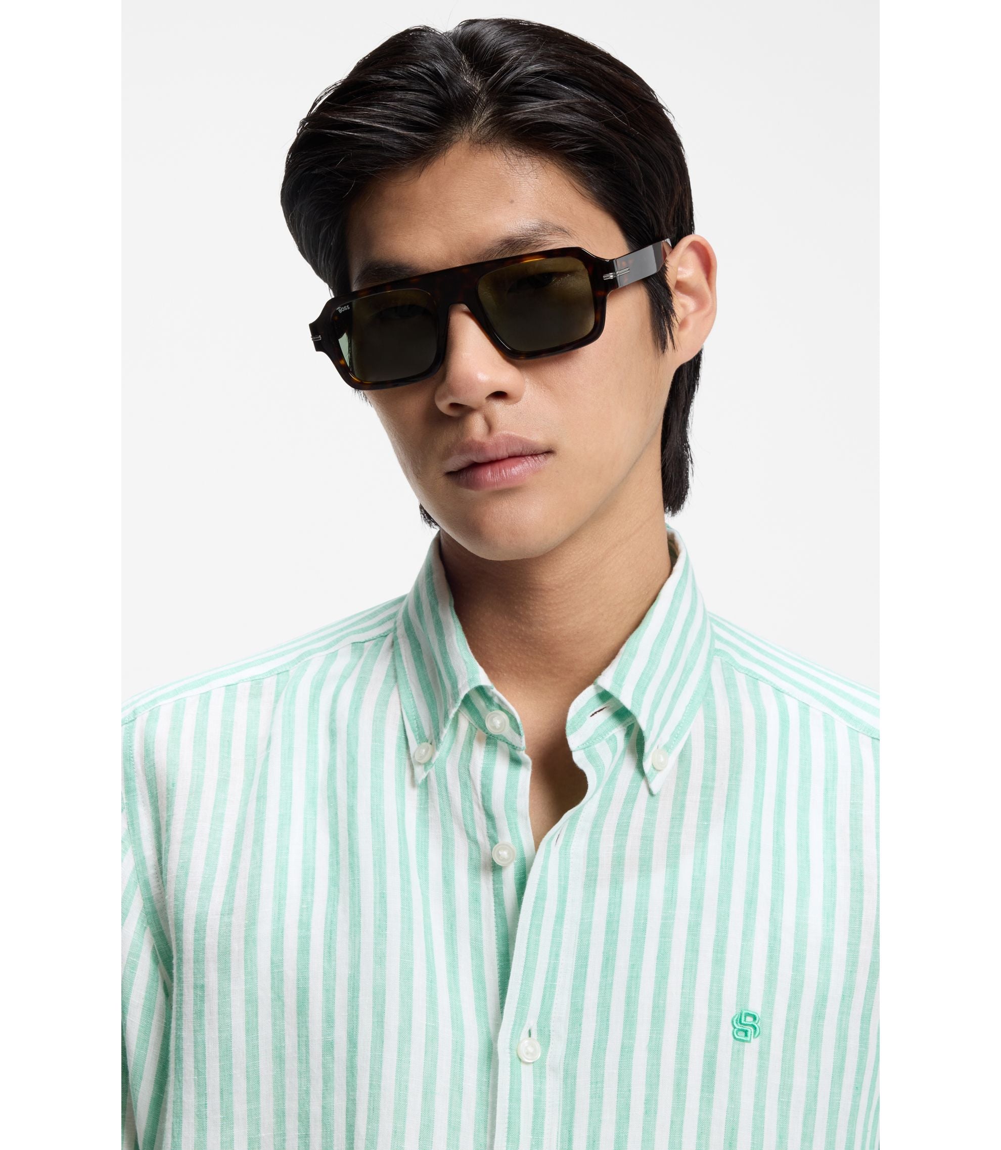 Boss Regular Fit Shirt In Striped Linen Light Green