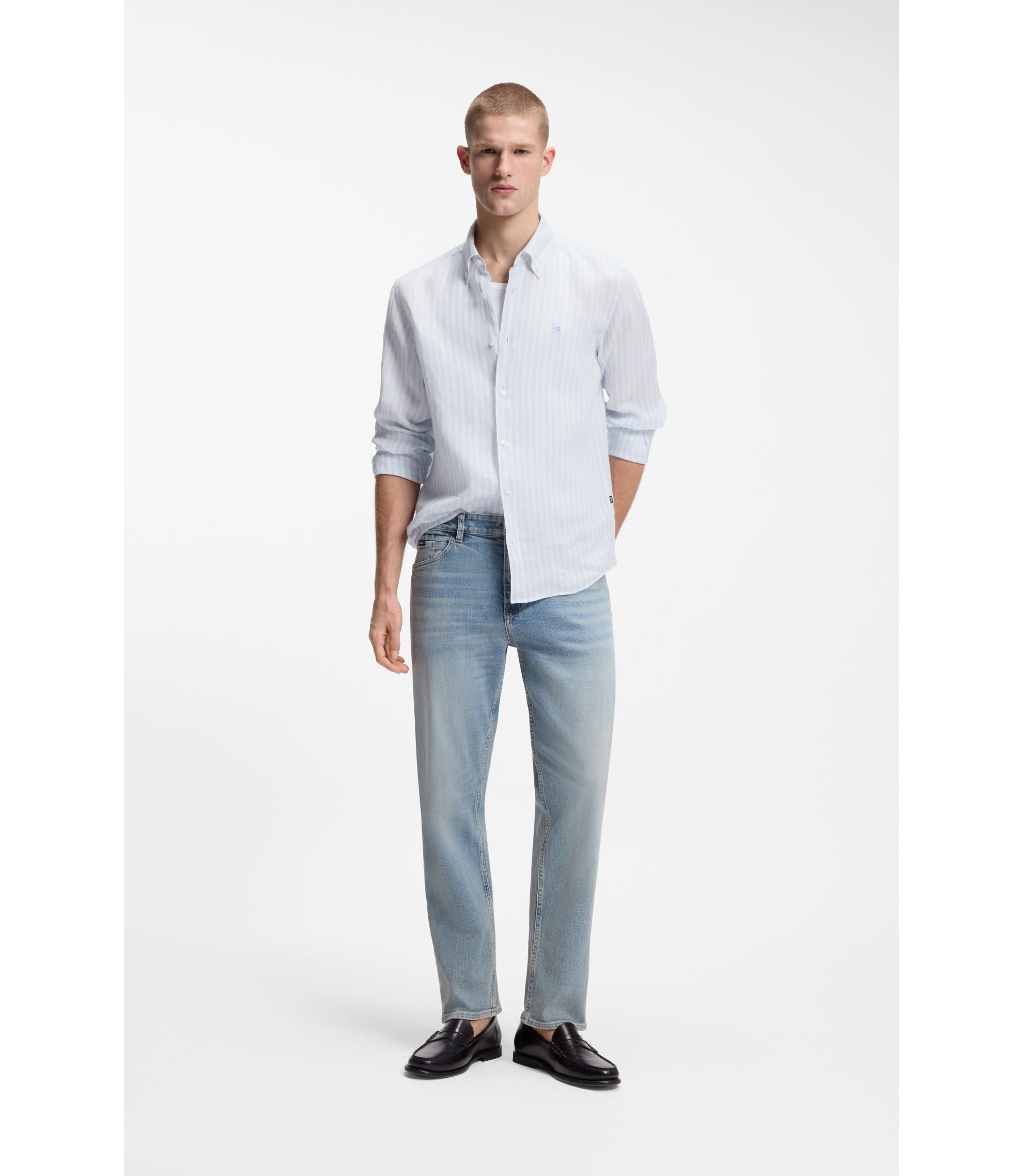 Boss Regular Fit Shirt In Striped Linen Light Blue