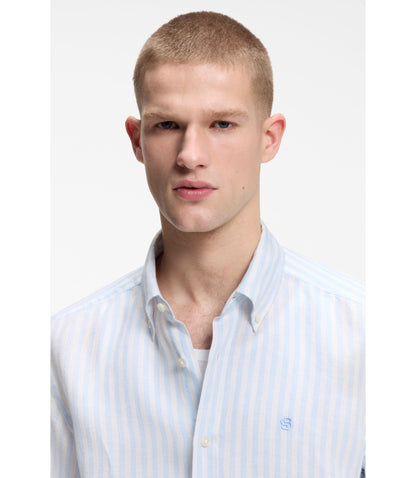 Boss Regular Fit Shirt In Striped Linen Light Blue