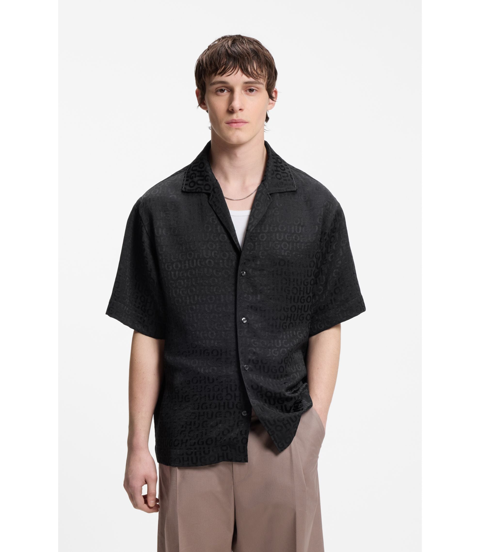 Hugo Oversized Fit Shirt With Jacquard Pattern Black