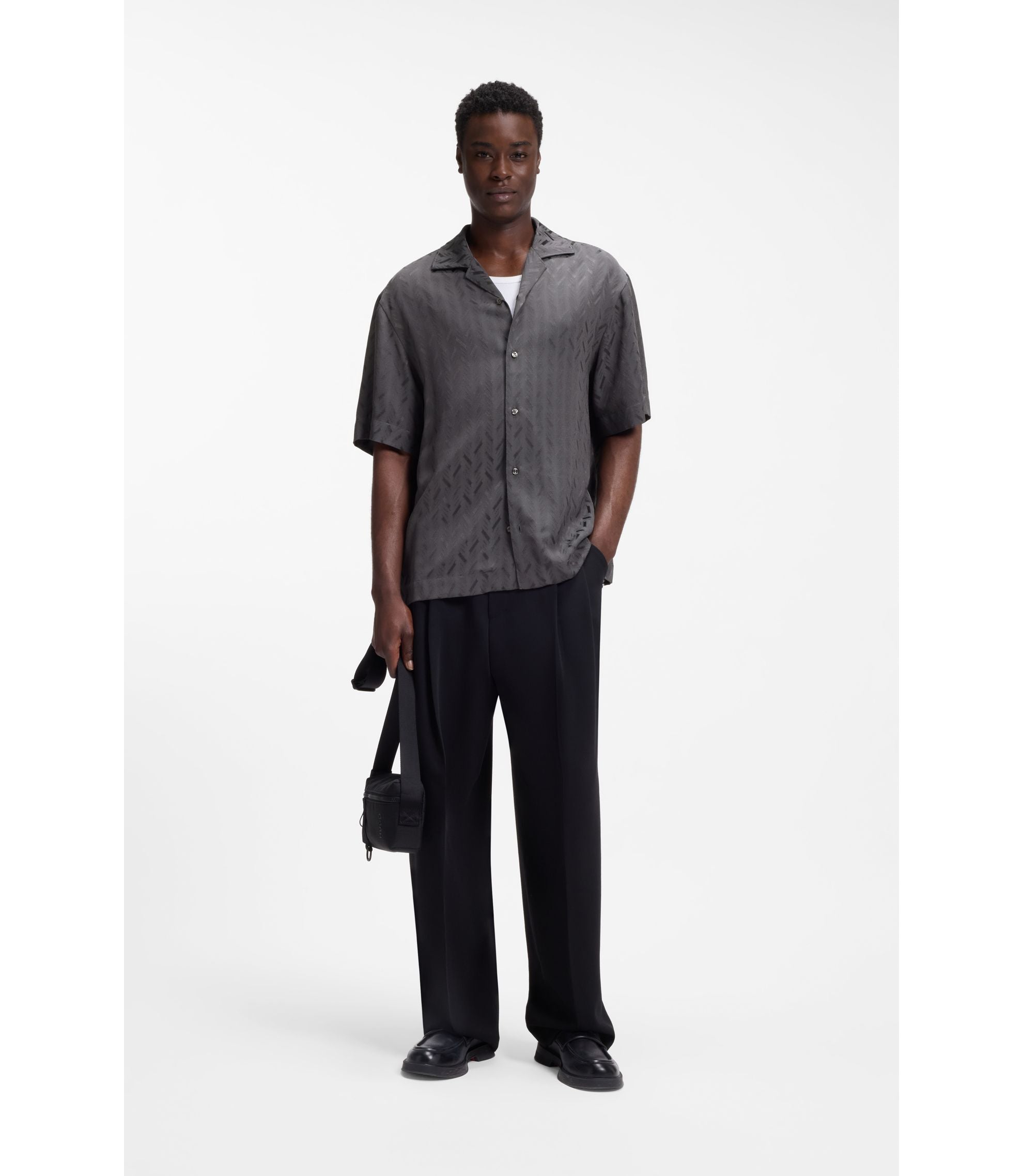Hugo Oversized Fit Shirt With Jacquard Pattern Dark Grey