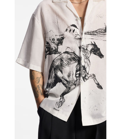 Hugo Oversized Fit Shirt With Horse Racing Print White