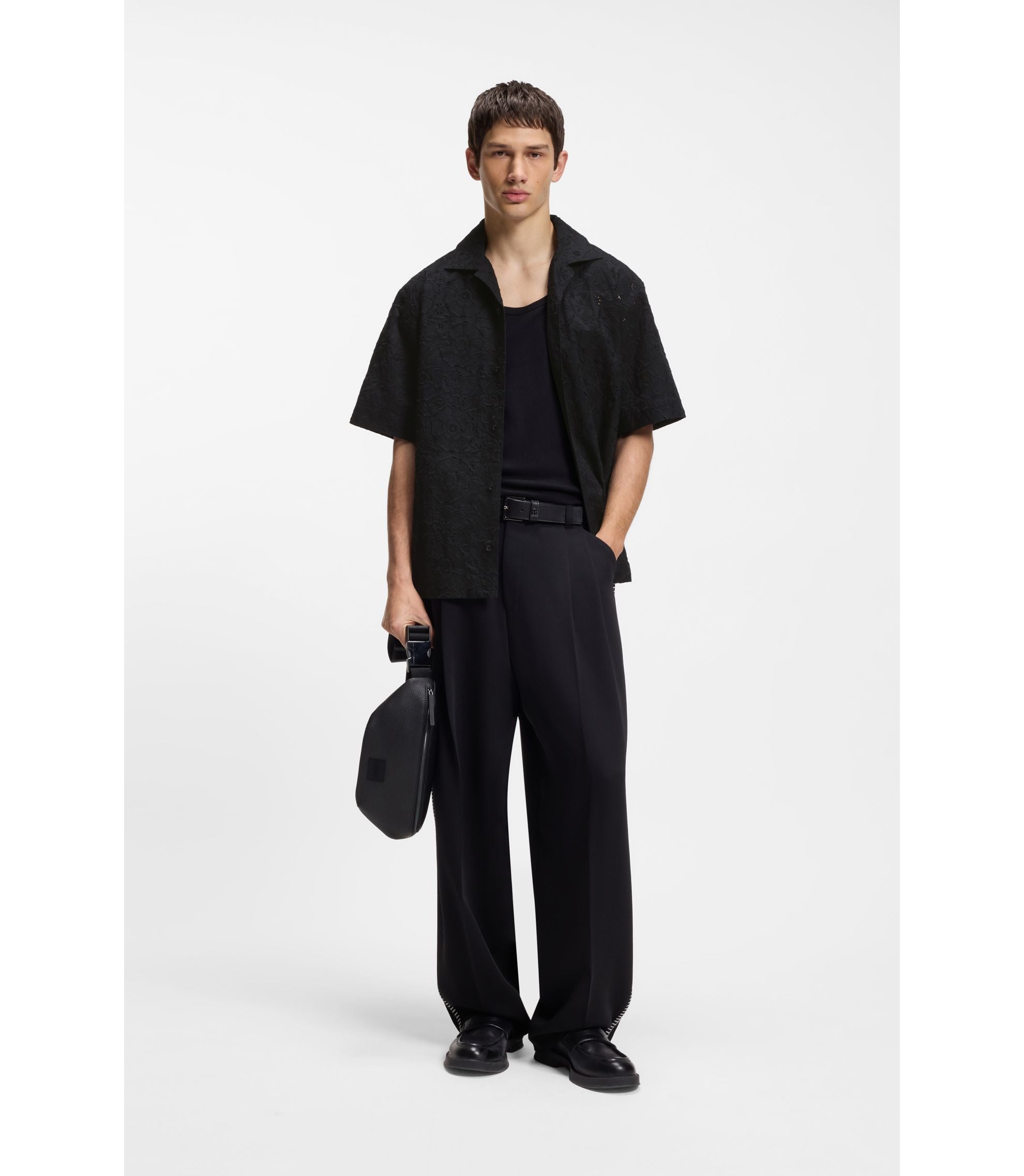 Hugo Oversize Fit Shirt In Broderie Anglaise Cotton Black