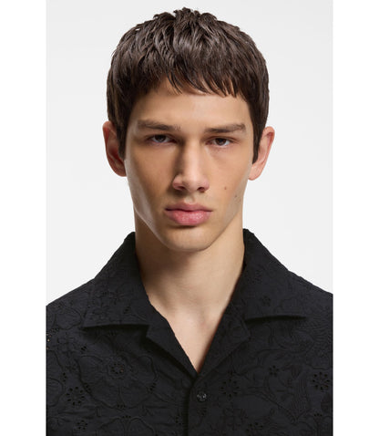 Hugo Oversize Fit Shirt In Broderie Anglaise Cotton Black
