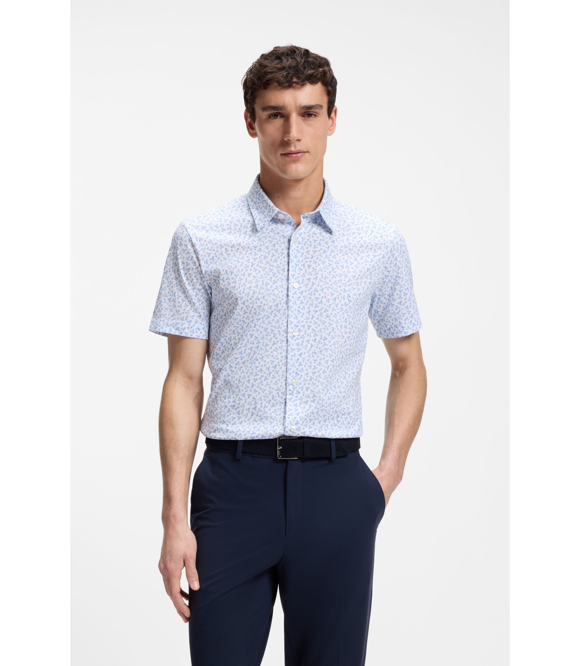 Boss Printed Slim Fit Shirt In Cotton Blend Jersey Light Blue