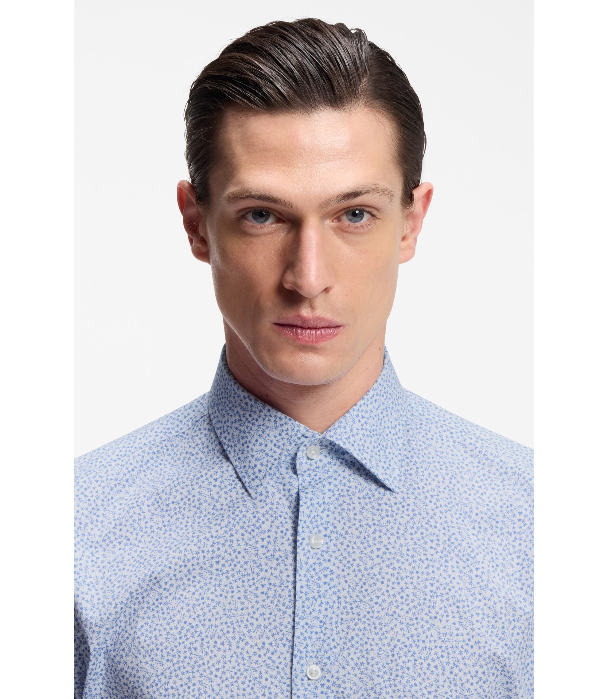 Boss Regular Fit Shirt In Printed Stretch Cotton Light Blue