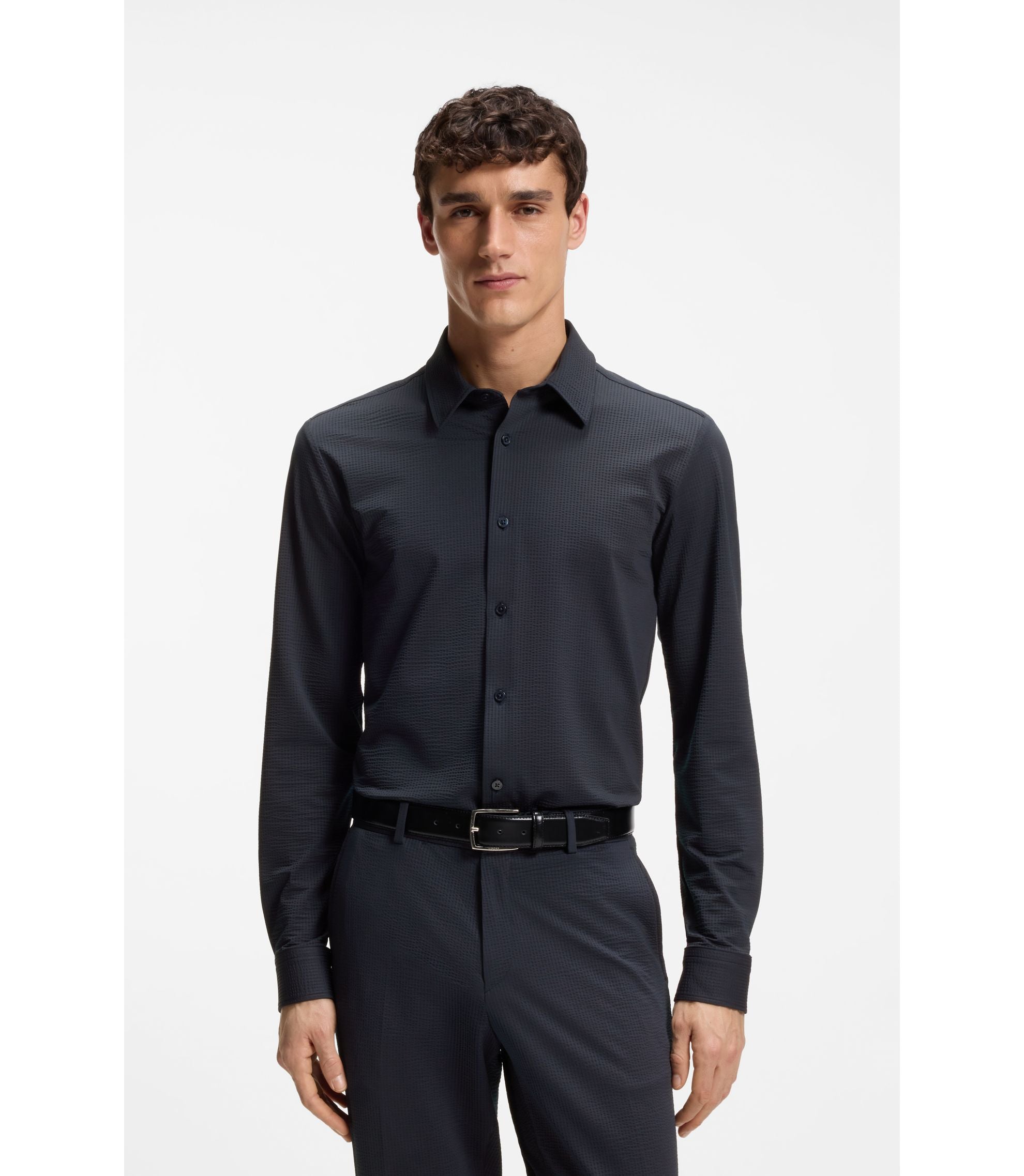 Boss Slim Fit Shirt In Italian Performance Stretch Seersucker Dark Blue