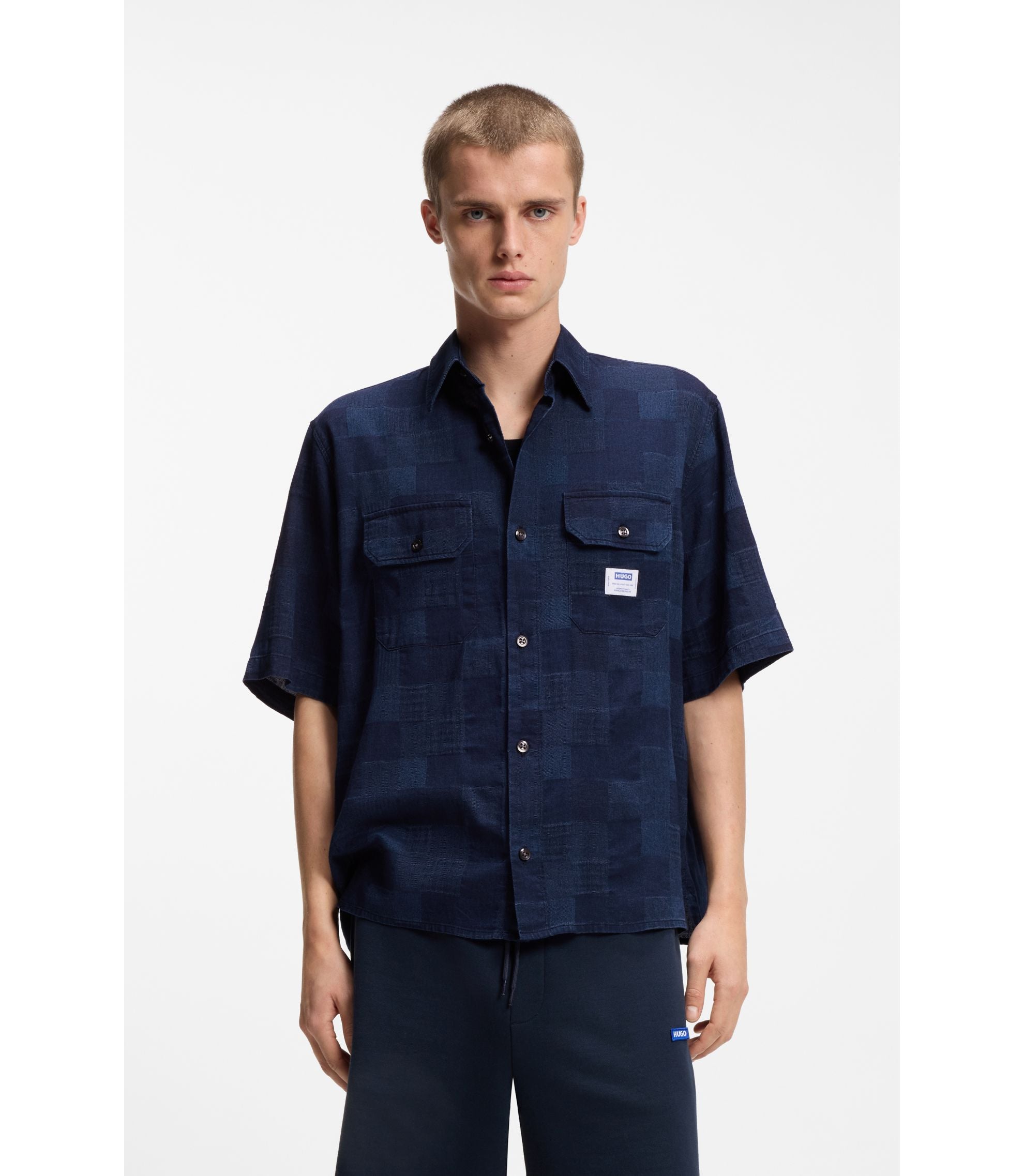 Hugo Oversized Fit Shirt With Check Pattern Dark Blue