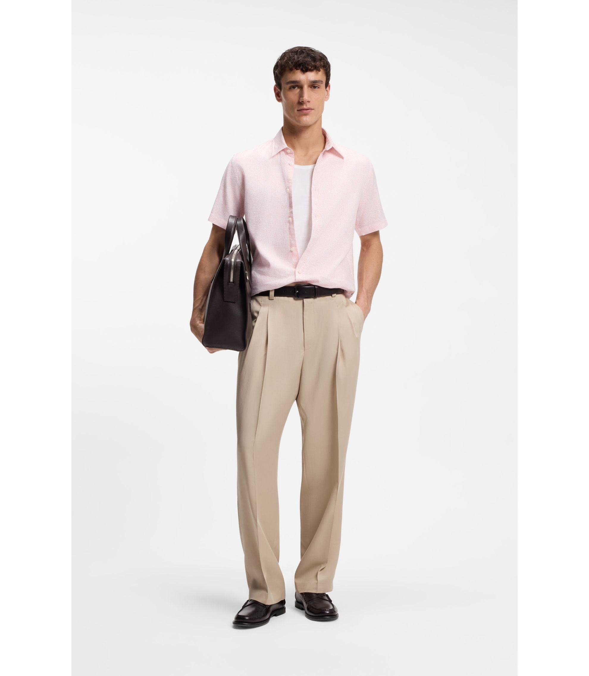 Boss Floral Print Slim Fit Shirt In Stretch Linen Light Pink