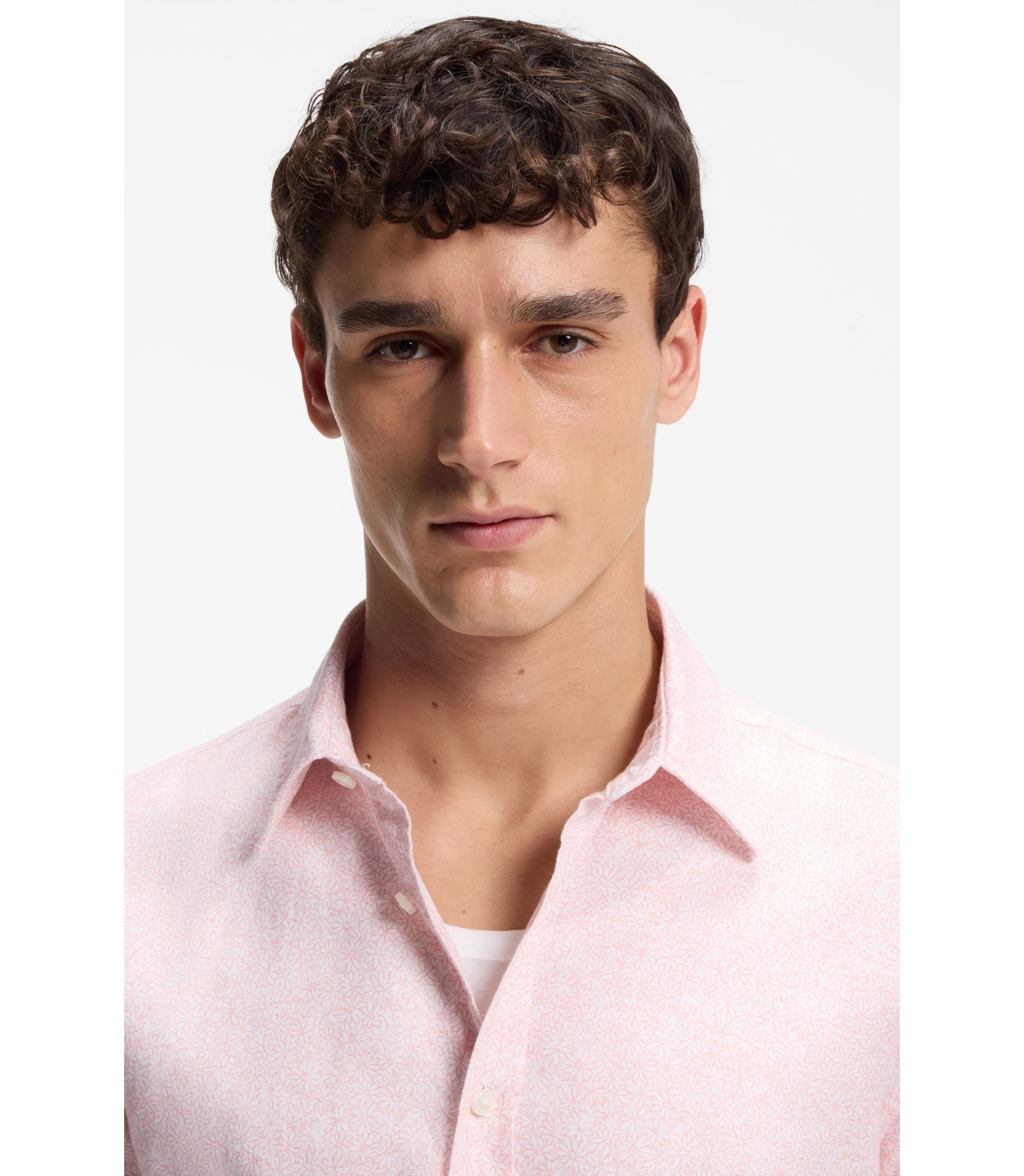Boss Floral Print Slim Fit Shirt In Stretch Linen Light Pink