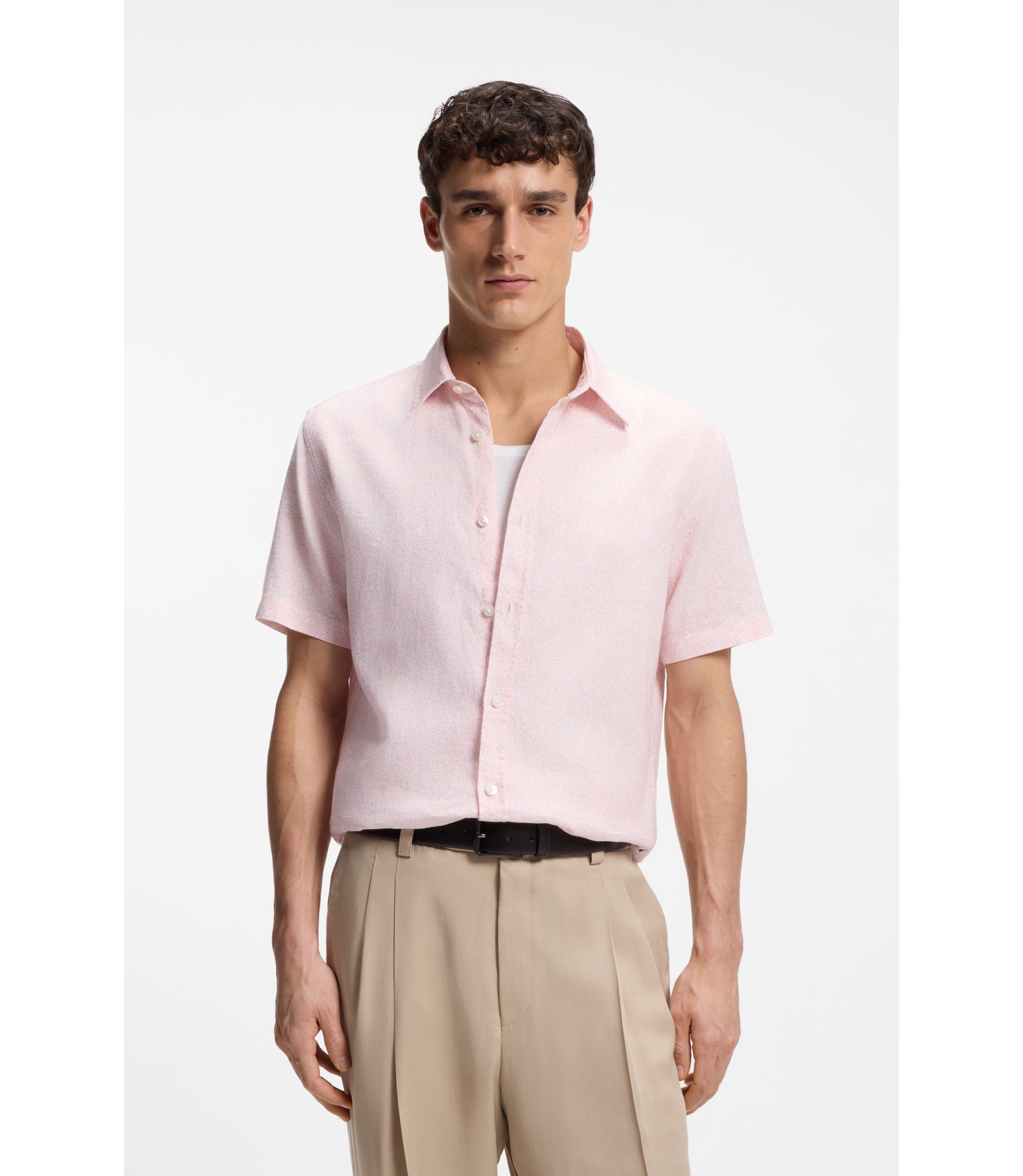 Boss Floral Print Slim Fit Shirt In Stretch Linen Light Pink