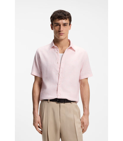 Boss Floral Print Slim Fit Shirt In Stretch Linen Light Pink
